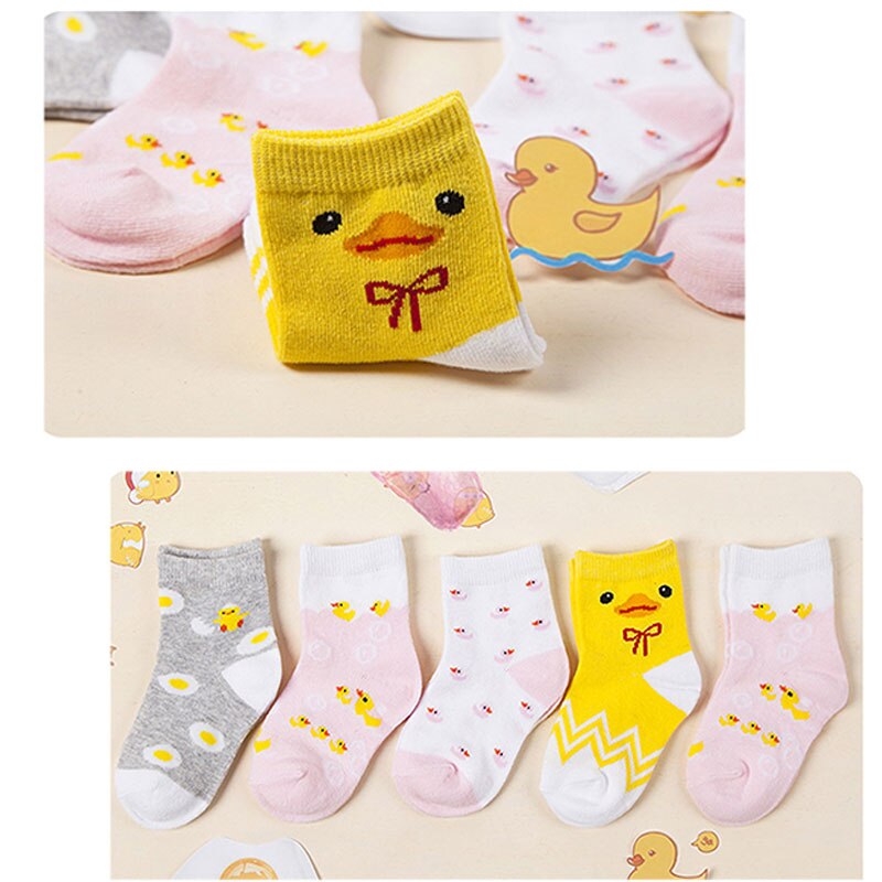 5 Pairs babysokjes Gele Eend Zachte Inant Katoen Sok Lente Herfst Roze en Blauw Sok Meisje Jongen voor 0-3years