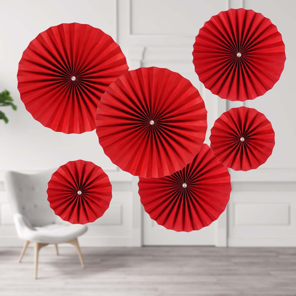 Abanico de boda rojo de estilo chino, manualidades de papel colgantes con flores, decoración de pared de salón para dormitorio, abanico de Origami, suministros para fiestas DIY, 6 uds.