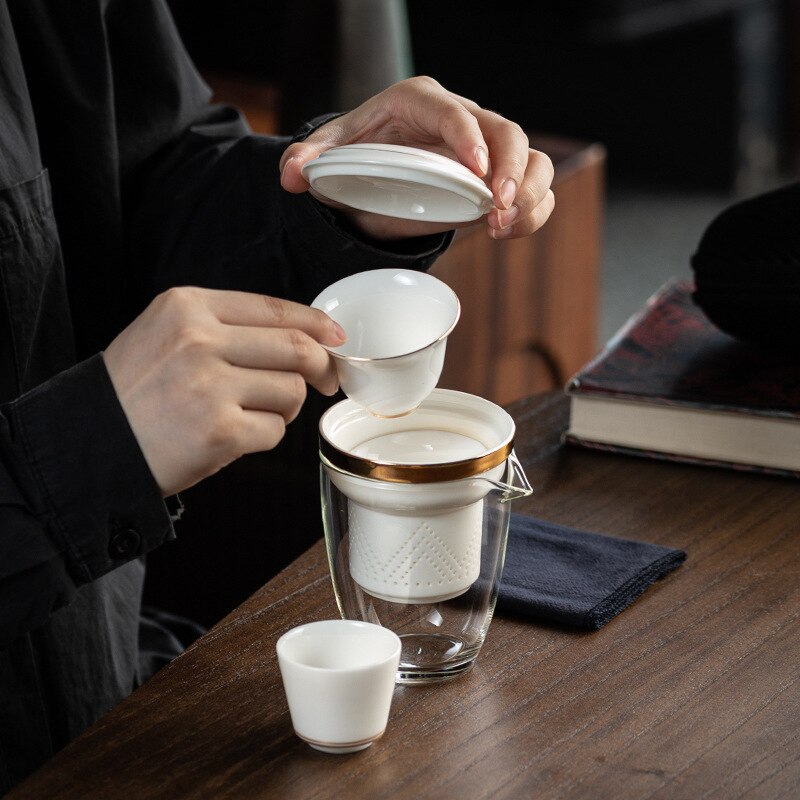 Tea Infuser White Chinese Bubble Ceramic Teapot Kettle Gaiwan Teacups Teaware Portable Travel Tea Set With Bag