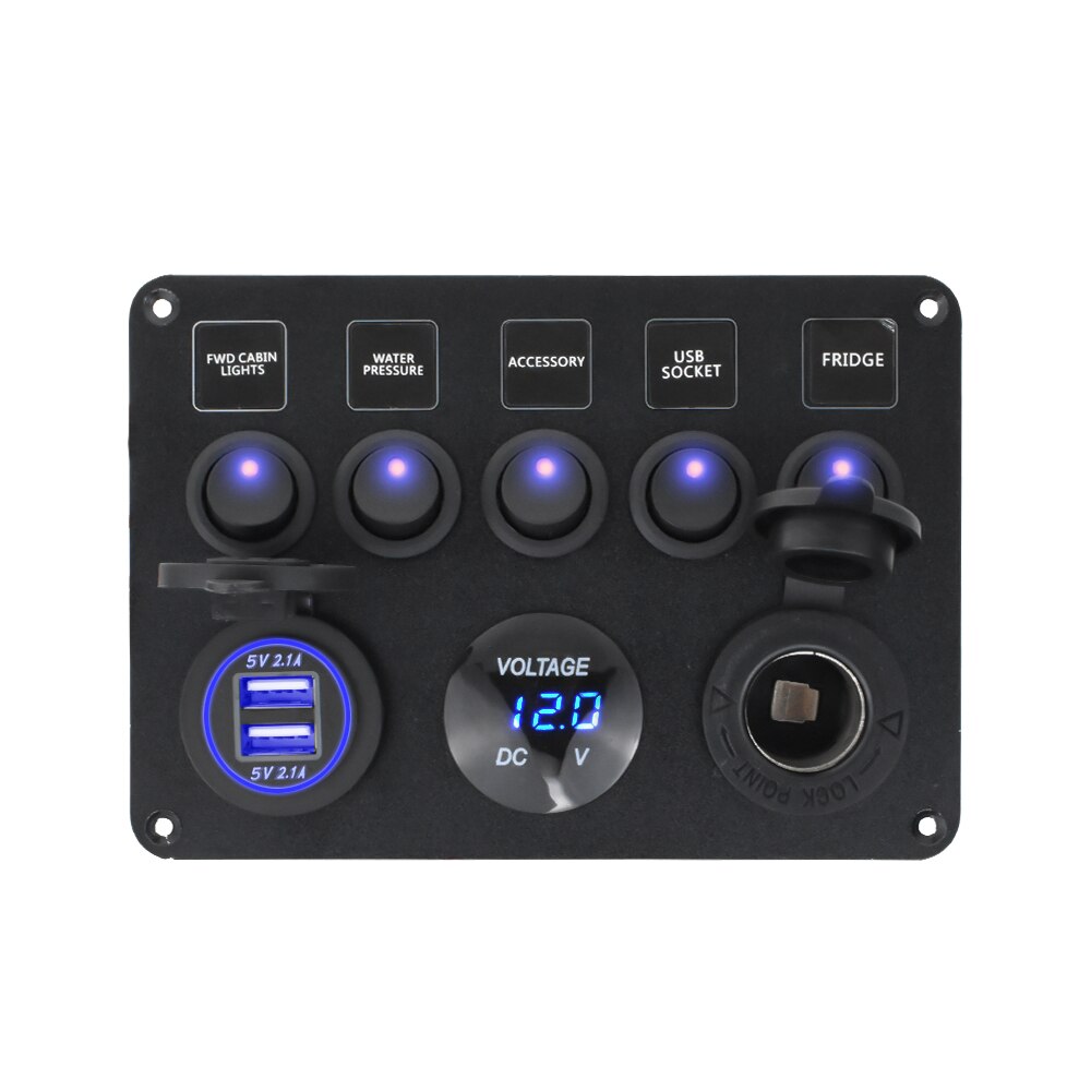 Boat Switch Panel Car Switch Panel Waterproof Digital Dual USB Voltmeter Port 12V Outlet Combination Marine LED Rocker 5 Gang: Blue