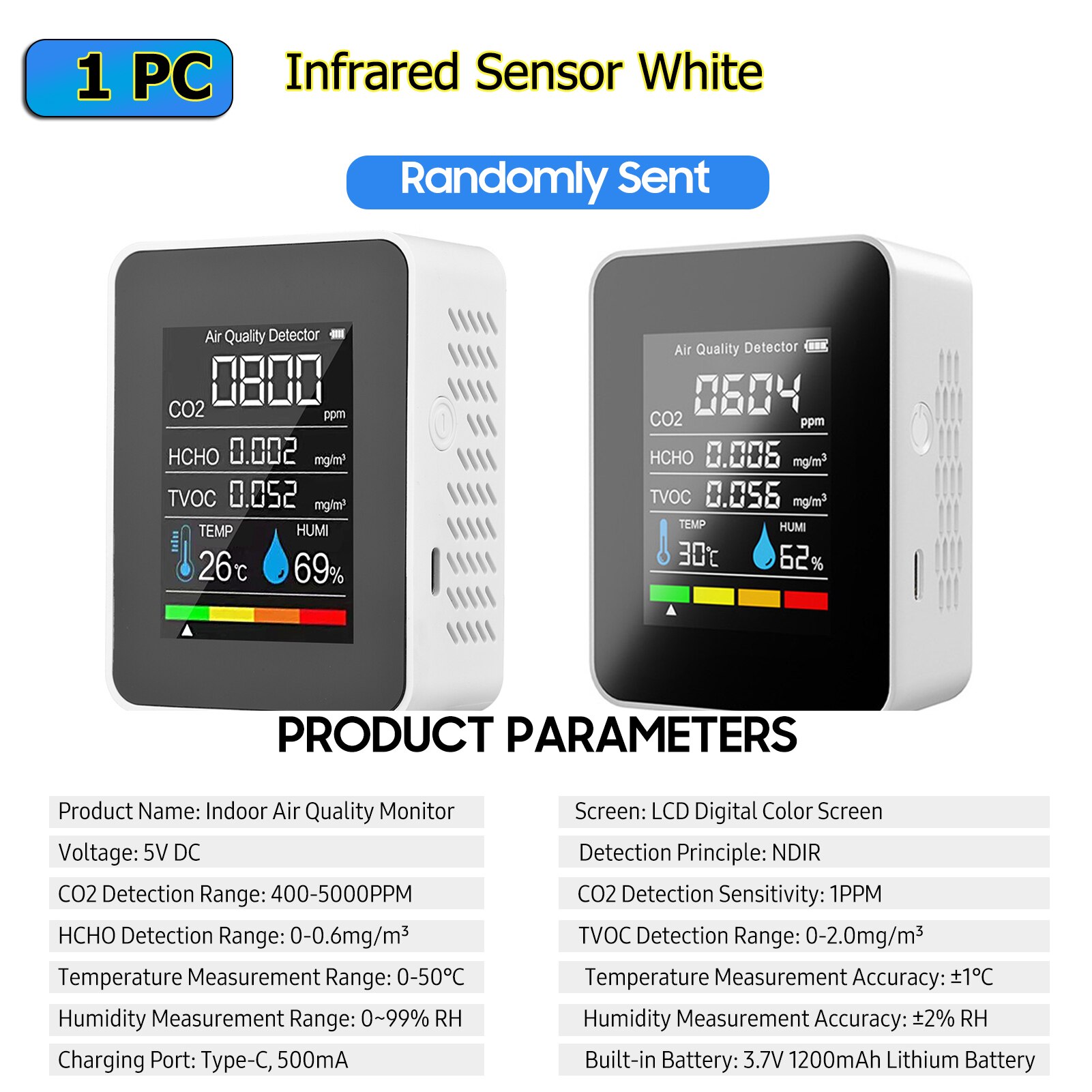 CO2 Meter 5in1 Formaldehyde HCHO TVOC Tester Co2 Sensor Air Monitor Indoor CO2 Detector LCD Temperature Humidity Tester: 5in1 W Infrared Sens