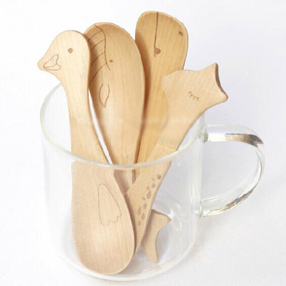 1PC Cartoon Animal Wooden Mini Spoon Hippo Duck Whale Kitchen Eco-friendly Baby Children Cream Spoons Tableware
