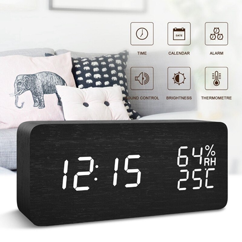LED Wooden Alarm Clock Watch Table Voice Control Digital Wood Despertador Electronic Desktop USB/AAA Powered Clocks Table Decor