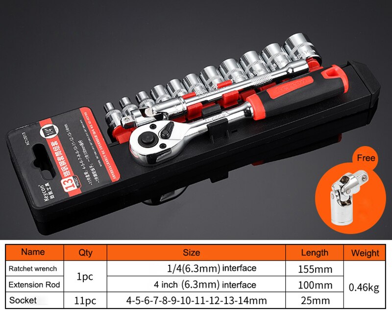 1/4-Inch Socket Wrench Set CR-V Drive Ratchet Wrench Spanner for Bicycle Motorcycle Car Repairing Tool Set Common Sockets: A Package-13pcs