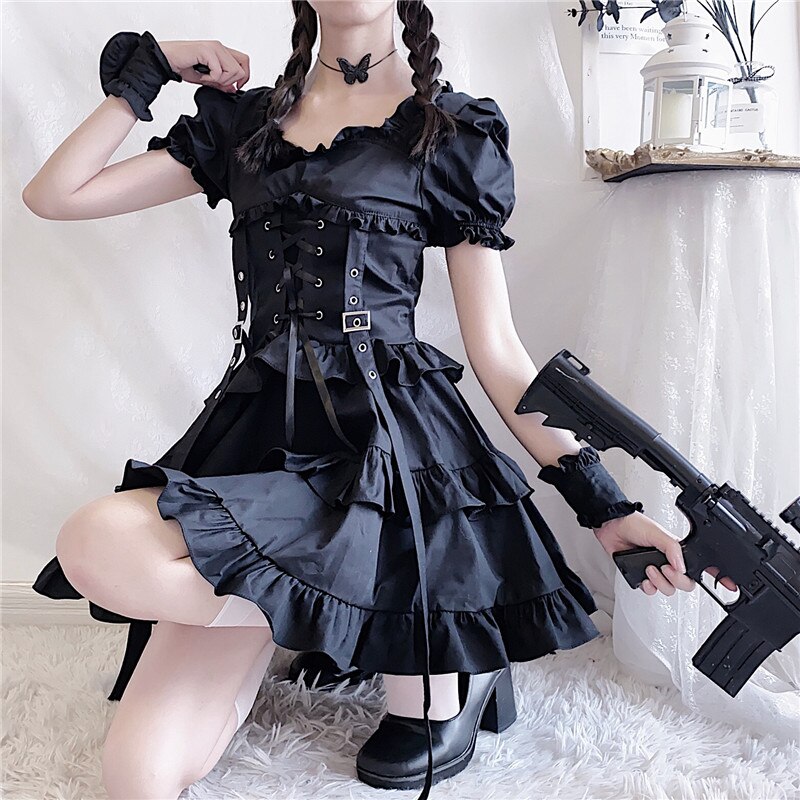 Lolita kjoler sort gotisk lolita kjole japansk pige vintage punk stil puff ærme bandage mini kvinder kjoler – Grandado
