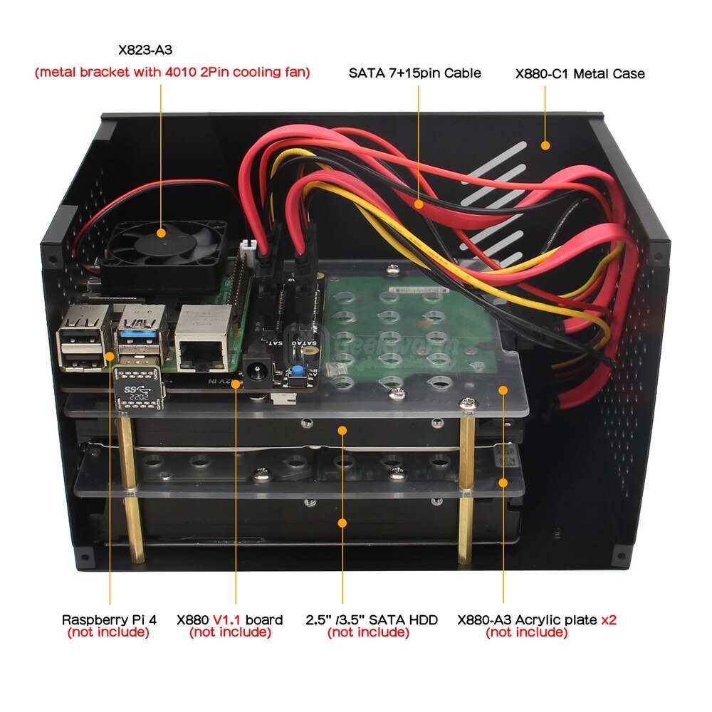 Geekworm – boîtier métallique X880-C1 avec ventilateur de refroidissement pour Raspberry Pi 4 et X880 Dual 2.5 &quot; / 3.5&quot; SATA (RPi &amp; X880 non inclus)