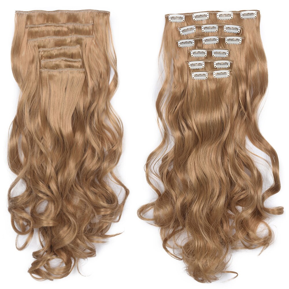 22" 16 Clips Synthetic Body Wave Clip In Hair Extensions Long Curly Heat Resistant Hairpiece Ombre Hair For Women: 24M27