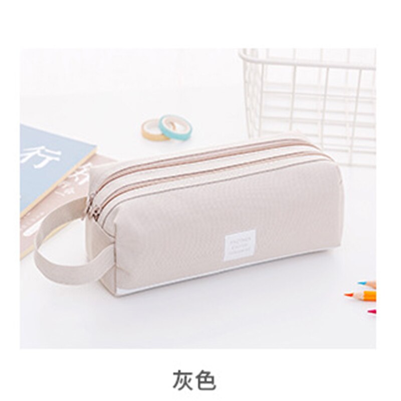 Double Layer Zipper Large Pencil Case Kawaii School Pencilcase Big Pen Box For Girls Cute Stationery Supplies Bag: Light Grey