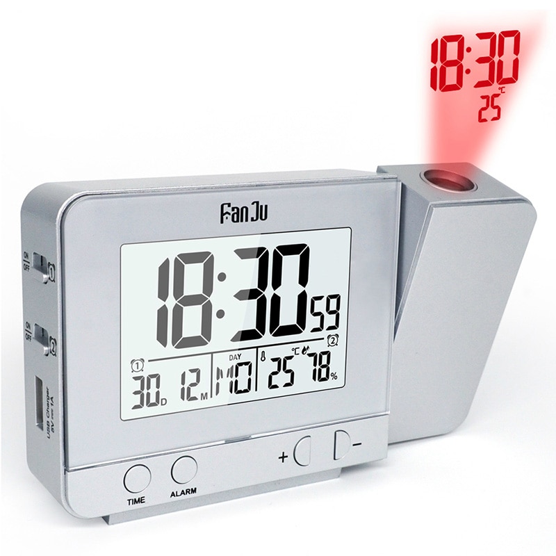 FanJu FJ3531 Projectie Wekker met Temperatuur en Tijd Projectie/USB Lader/Indoor Temperatuur en Vochtigheid Bureauklok