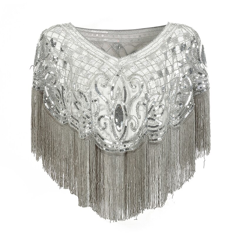 Tonval Vintage 1920s Scarves Pashmina Tassel Beaded Flapper Shawl Women Luxury Sequin Mesh Cape Cover Up Shawls and Wraps: Silver