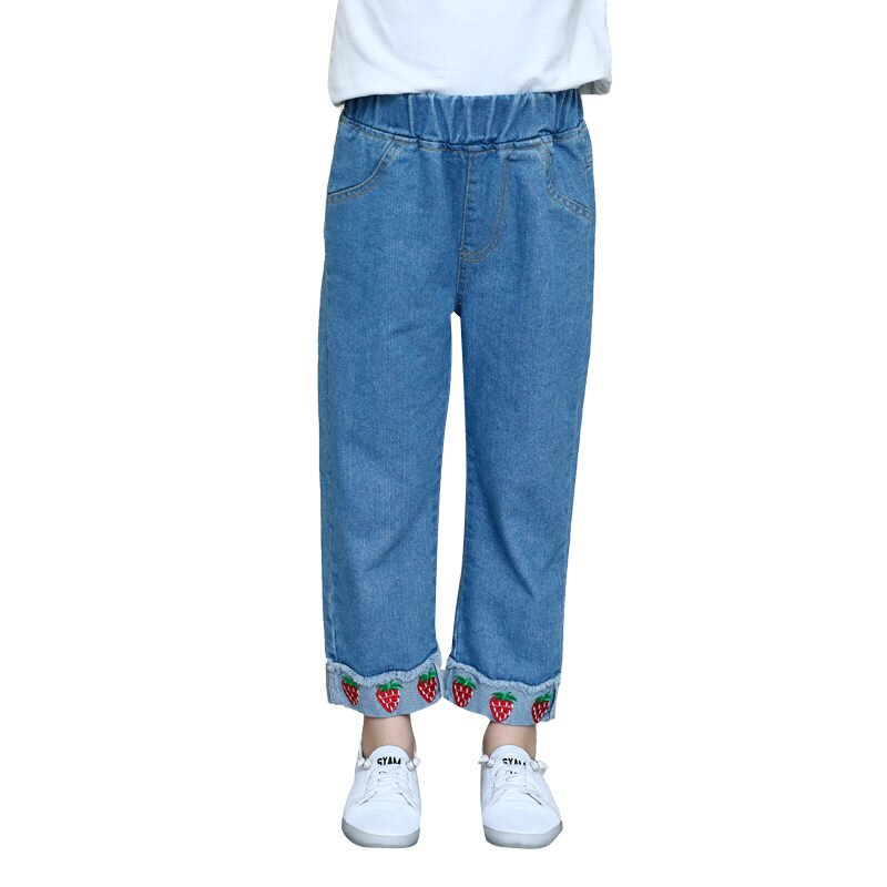 Cowgirl casual jeans med jordbærbroderi løse bukser for barn rett solide bukser blå myke denimjeans: 7