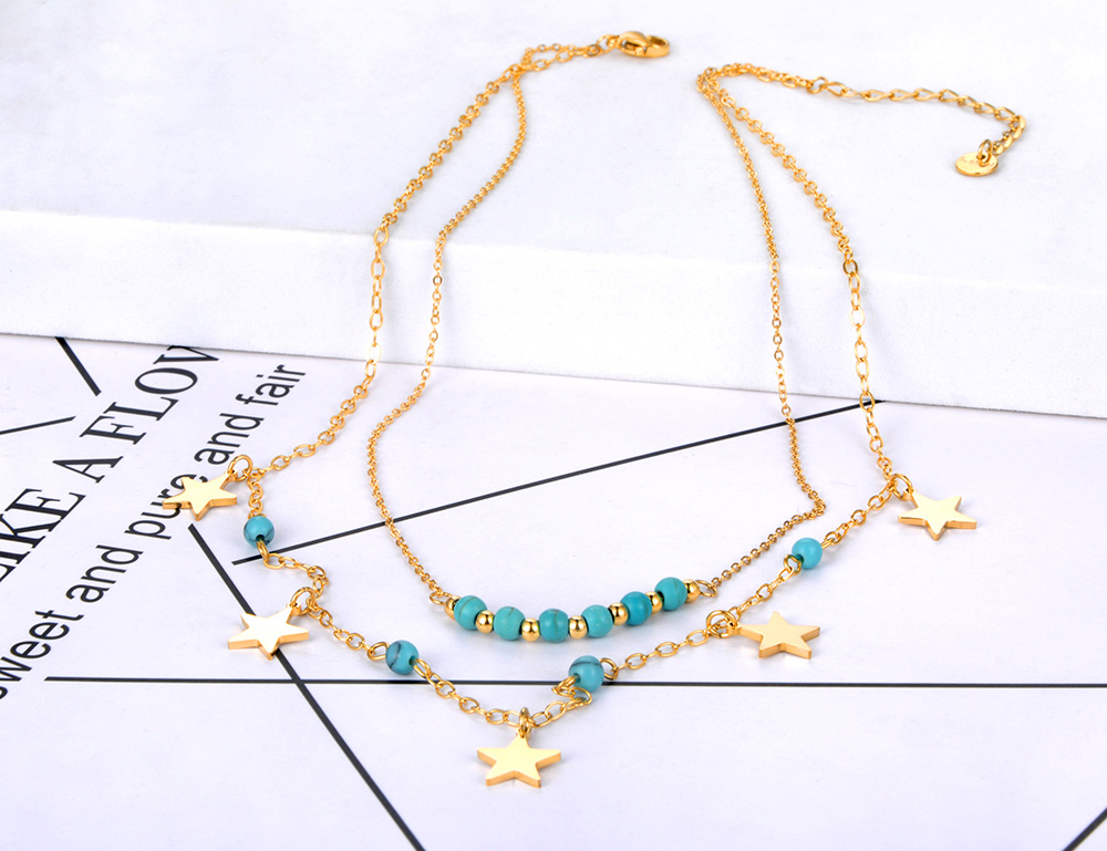 Lokaer 18K Gold Titanium Rvs Dubbele Laag Turquoise Choker Ketting Bohemen Star Party Ketting Voor Vrouwen N21251