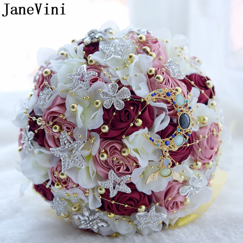 Janevini bling bling rhinestone lyserøde blomster luksus stjerner brude smykker kunstig hortensia krystal måne bryllup buket