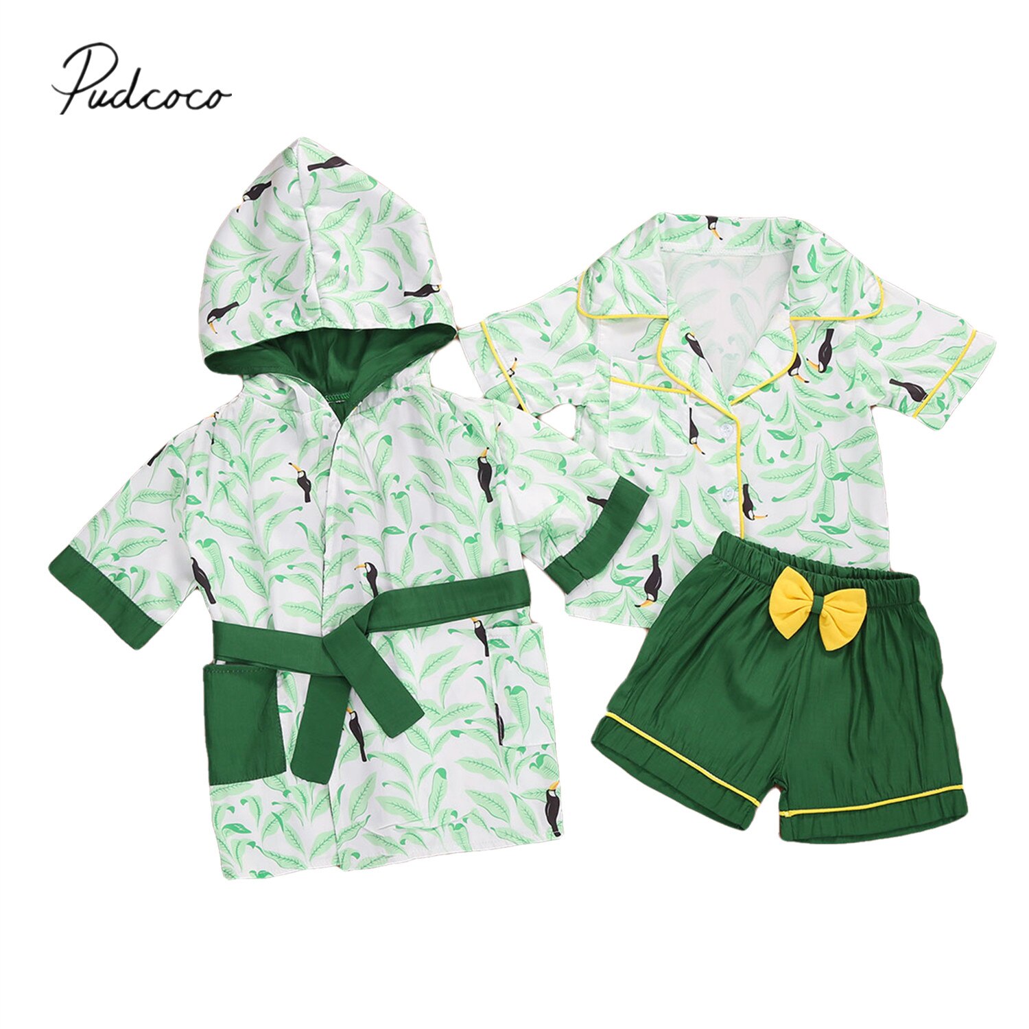 Baby Hooded Nachtjapon/Korte Mouw Shirts Shorts Pak Elastische Taille Boog Dieren Print Decoratie Homewear Japanse Stijl Kimono