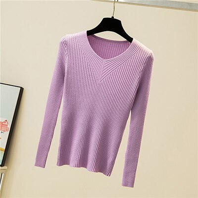 Herfst winter truien dames chique v-hals slanke trui dames gebreide truien lange mouwen warme basic zwarte tops: Paars