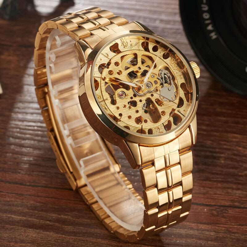 Shenhua Luxe Full Staal Golden Automatische Mechanische Horloge Mannen Zilver Skeleton Analoge Horloge Mannelijke Relogio Mascualino