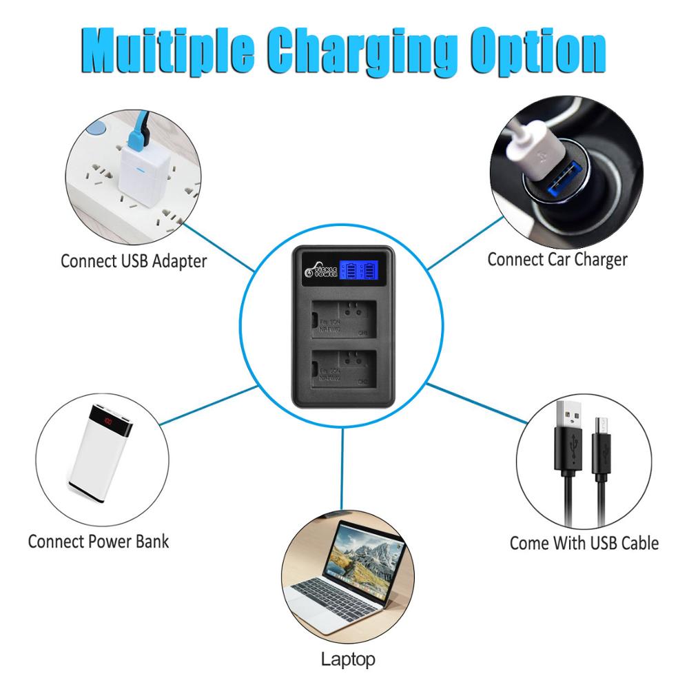 Batería NP-FW50 NP FW50 de 1500mAh y cargador Dual LCD para Sony Alpha a6500, a6300, a6000, a5000, a3000, NEX-3, a7R