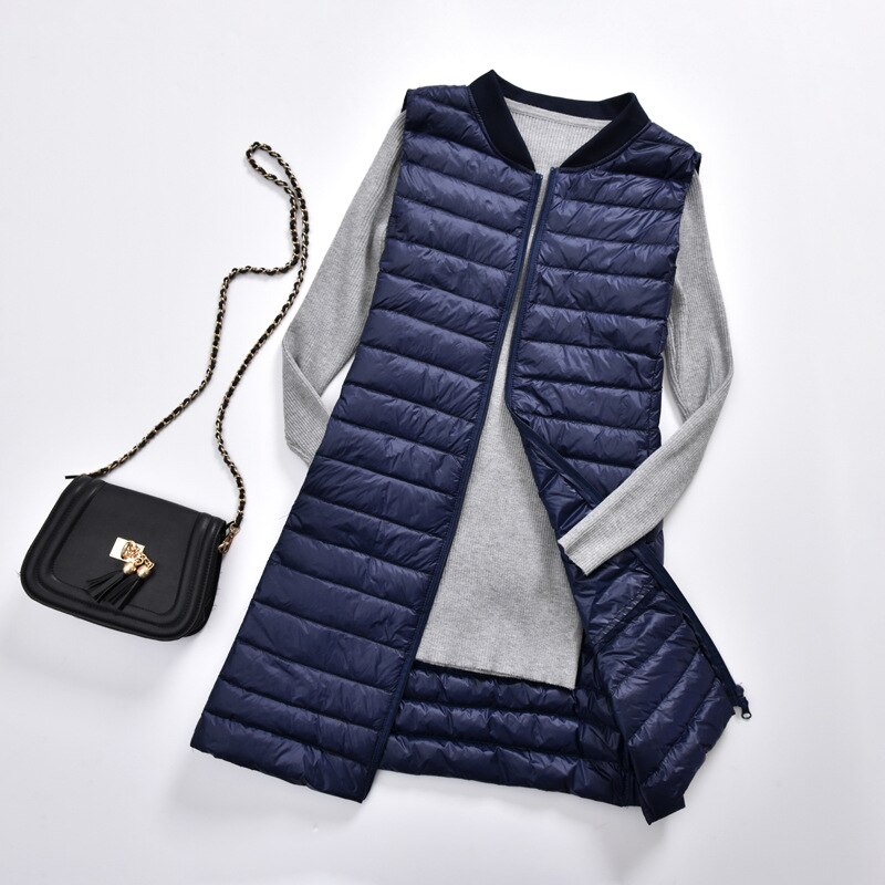 Schinteon Femmes Ultra Léger Vers Le Bas Gilet décontracté Baseball Longue Mince Gilet Automne Hiver Fond Gilet nouveauté: Navy Blue / XL
