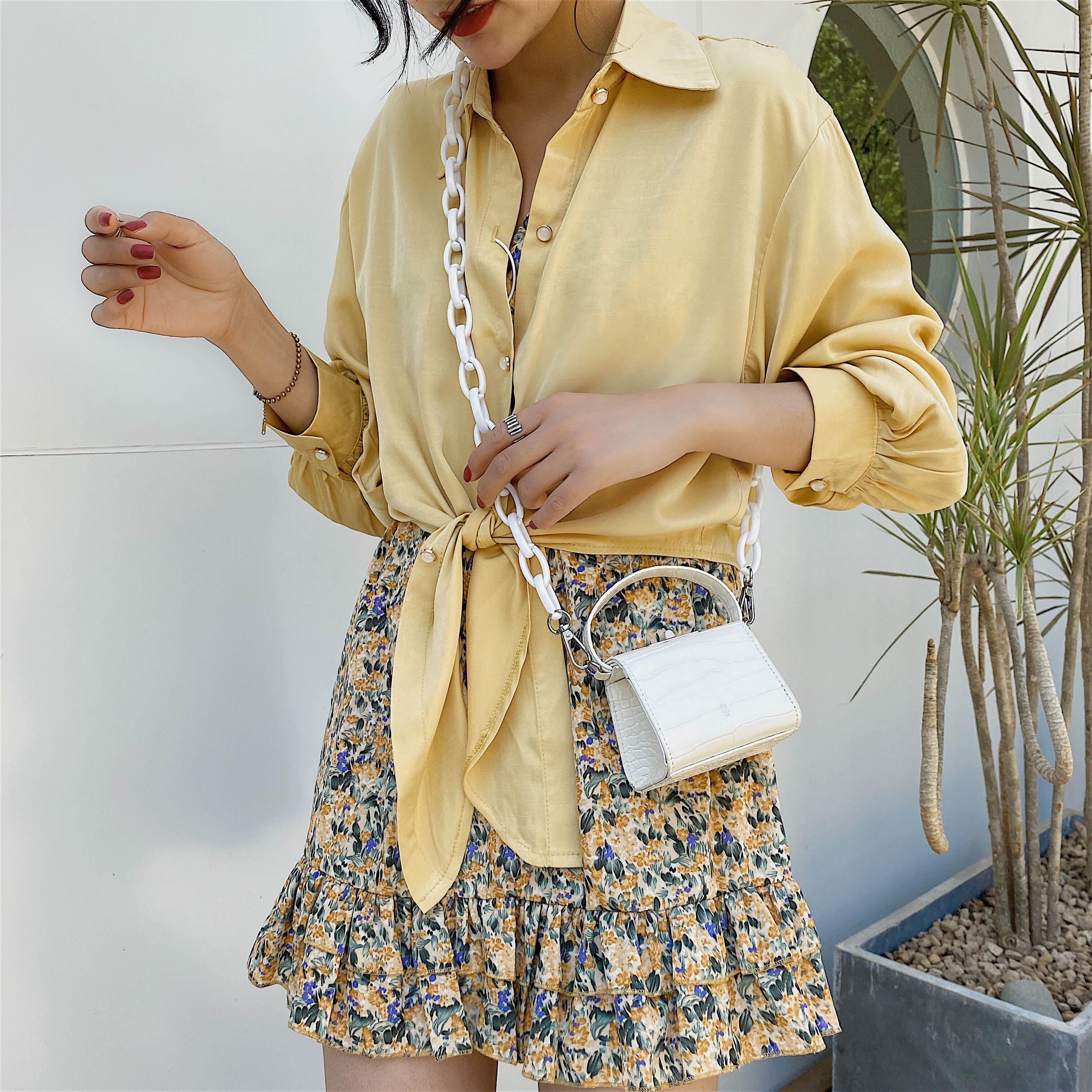 Acryl Dikke Ketting Mini Effen Kleur Pu Lederen Crossbody Tassen Voor Vrouwen Dame Doos Vorm Schouder Handtassen En Portemonnees