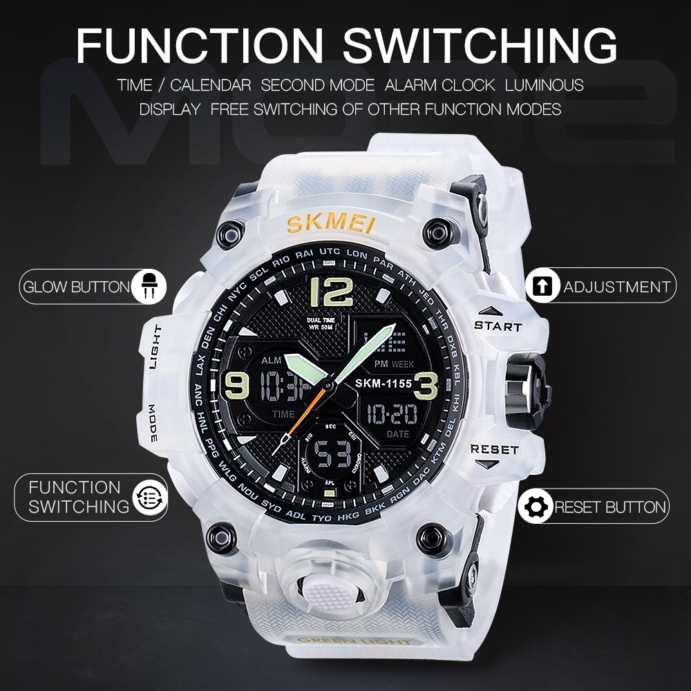Skmei luminous dual display herre sportsure mandlige quartz armbåndsur stopur automatisk dato alarm elektronisk ur 1155b farve
