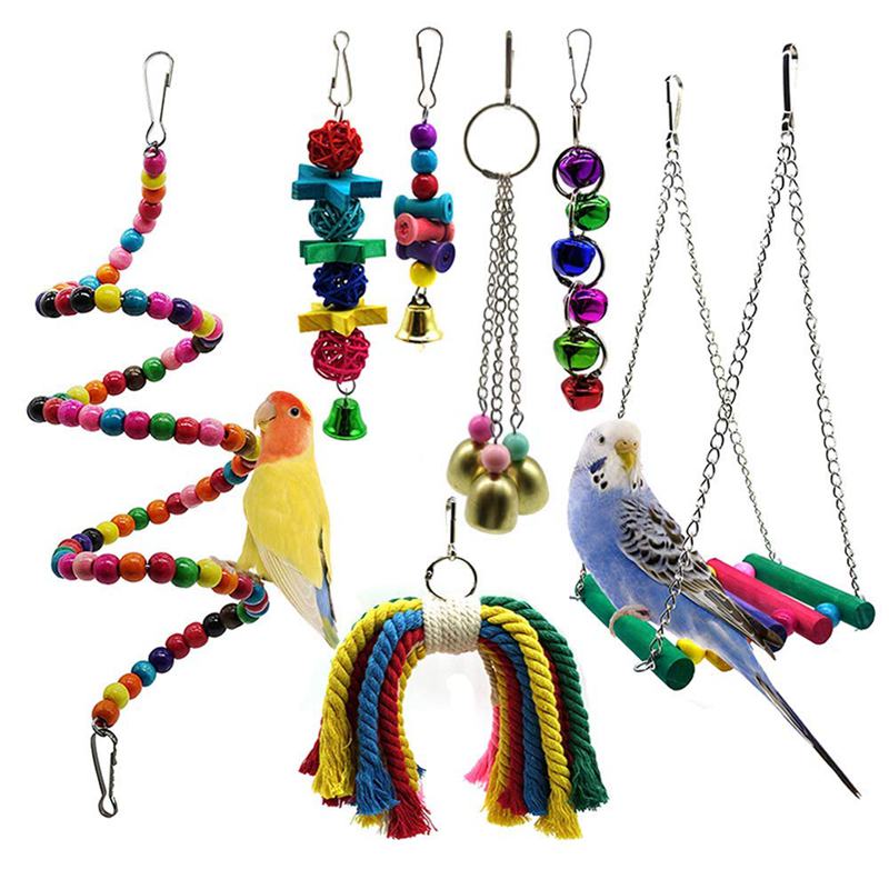 Fugle papegøje legetøj 7 pakker fuglesving tygge hængende siddepinde med klokker til kæledyr papegøje lovebird hyl undulat cockatiels ara: Default Title