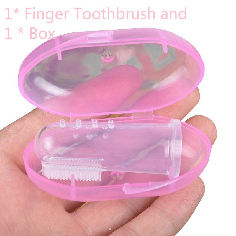 Silicone escova de dentes + caixa bebê dedo escova de dentes crianças limpo macio silicone infantil escova de limpeza de borracha do bebê: 02 Pink