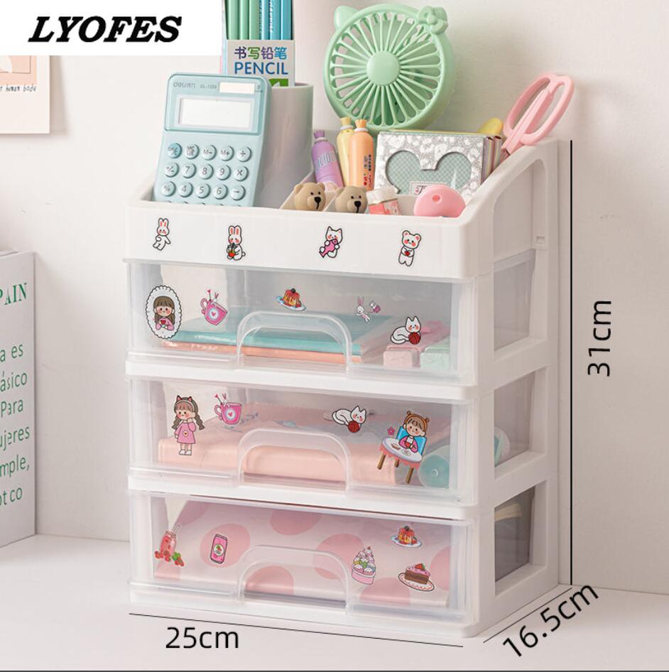 Organizador de escritorio de varios niveles, caja de almacenamiento de escritorio, pegatina gratis, escuela, transparente, accesorios de papelería: Medium-3layer