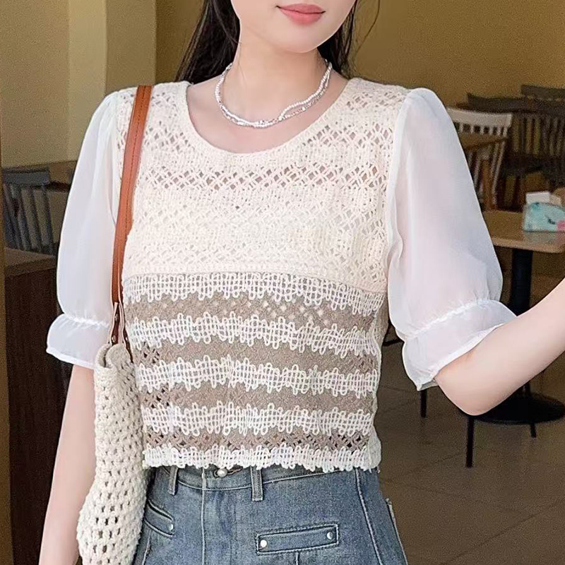 Heklet topp for kvinner chiffong halvermet broderi åpen strikket bluse topper sommer bohemsk chic strandantrekk: Elfenben