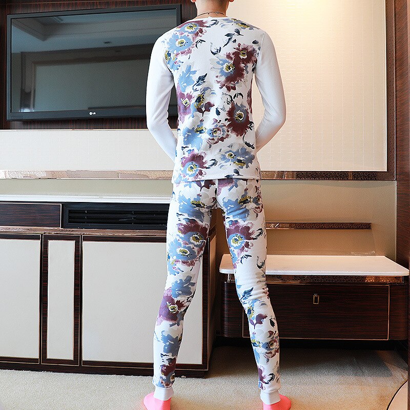Pantalon thermique en coton pour homme, leggings longs de: white flower / XL