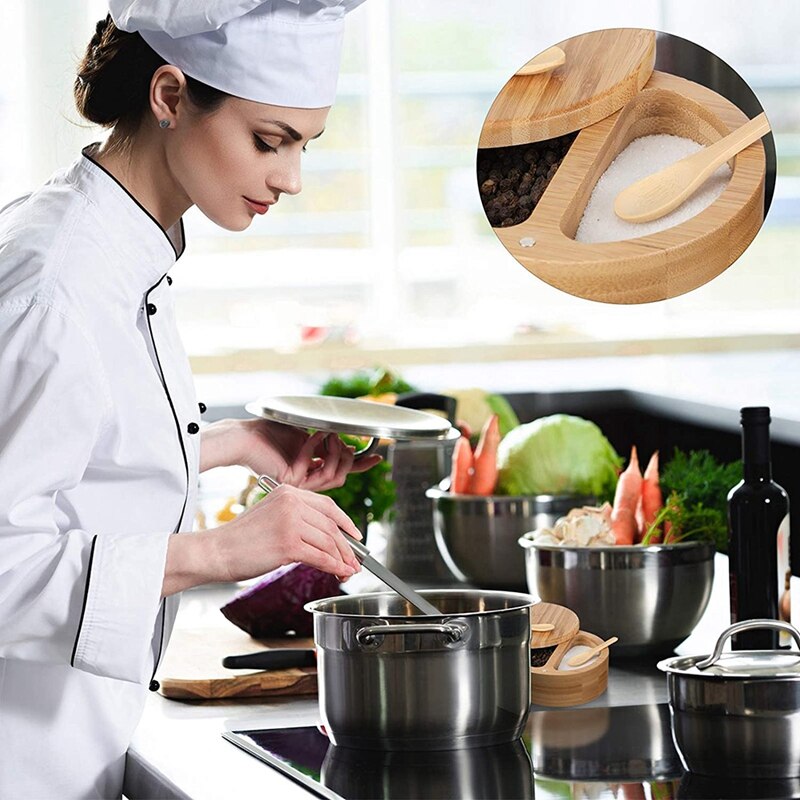Compartment Bamboo Salt Pepper Box With Magnetic Swivel Lids And 2 Pieces Mini Bamboo Spoons For Kitchen Tool