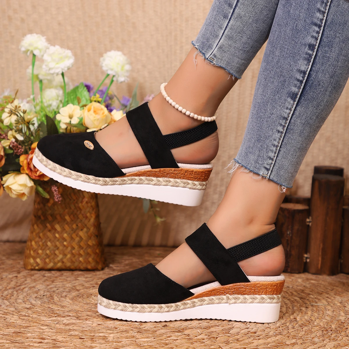 Sandales à l'offre elles compensées pour femmes, chaussures de gladiateur, Espadrilles à plateforme, Fermées, Été: Black / 36