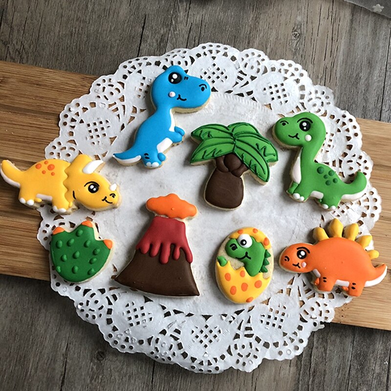 8 Stks/set 3D Dinosaurus Cookie Postzegels Plastic Cookie Biscuit Decoratie Mold Dierlijke Vorm Cookie Cutters Fondant Mallen