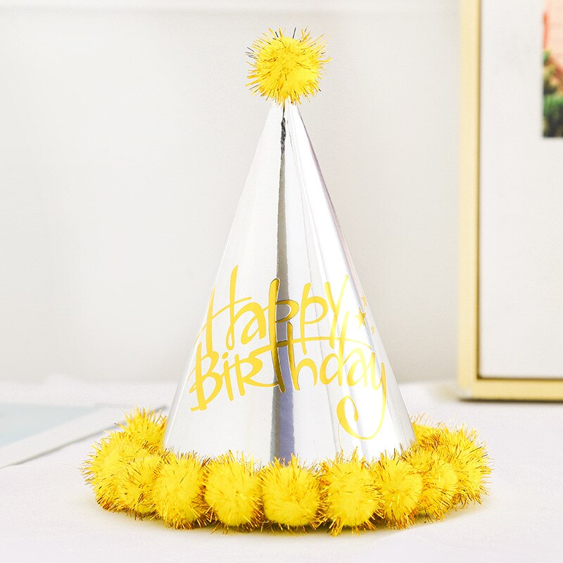 2pcs Birthday Cap Baby Kid Birthday Party Hat Child Crown Decoration Pompon Cap silver Birthday Hat Party decoration supplies: D 2PCS