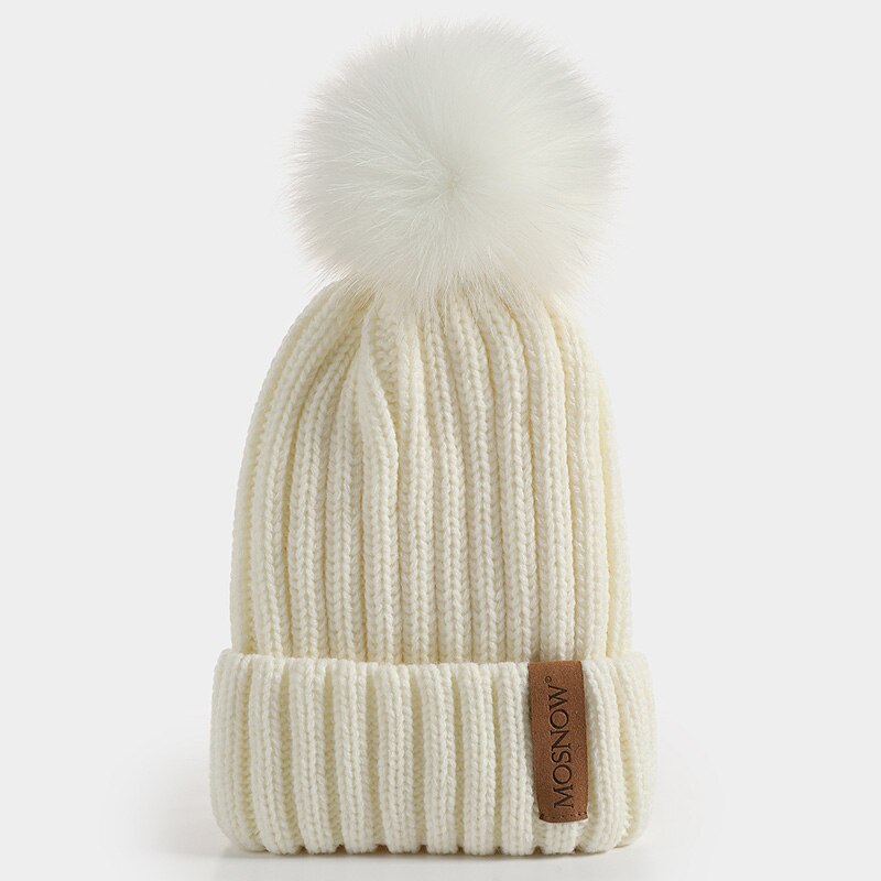 neue Winter frauen Hütte Acryl Bommel Mützen Wärme Ski Kappe Mädchen Hütte Weiblichen Kappe Skullie Künstliche Pompons Hütte: Weiß
