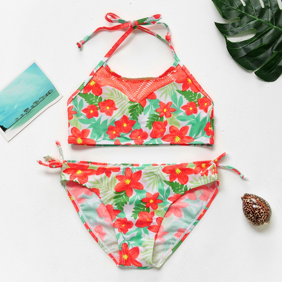 5~14Year Teenager Girls Swimwear Two pieces Girls Swimwear Lace style Children Swimwear Kid Girls Bikini set Beach wear: ST200  orange / 7-8Years