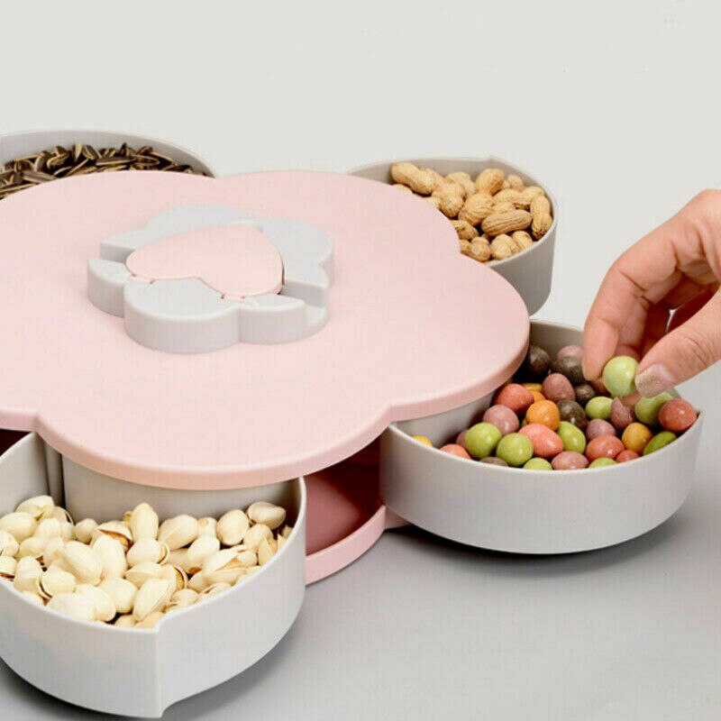 Faroot Flower Shaped Rotating Candy Box Dish Snacks Tray 5 Grids Compartments Dried Fruit Plate