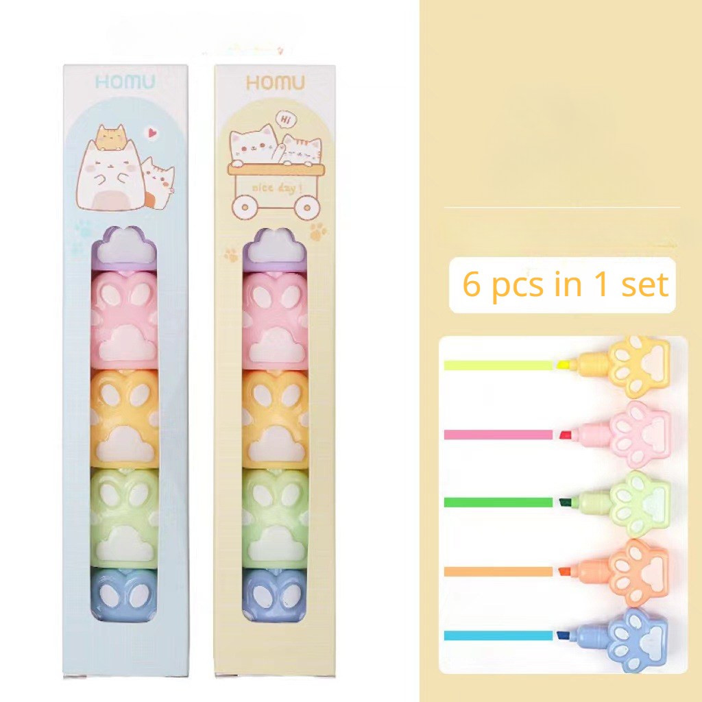 6 pcs/set Kawaii Cat Paw Highlighters Art Markers Liner Journal Diy Art Supplies Drawing Paint Marker Cute Stationery