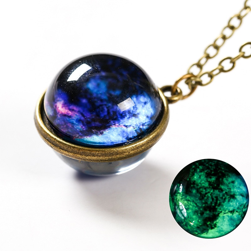 Handmade Universe Star Ball Pendant Necklace Double Sided Glass Ball Glowing Pendant Gold Chain Luminous Planet Jewelry Unisex: style 2