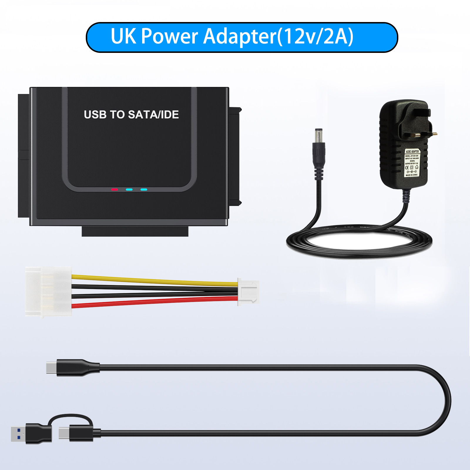adapter SATA/IDE na USB 3.0 adapter dysku twardego Konwerter robić uniwersalnego dysku twardego IDE SATA HDD SSD 2,5/3,5 cala z zasilaczem 12V 2A: BIAŁY
