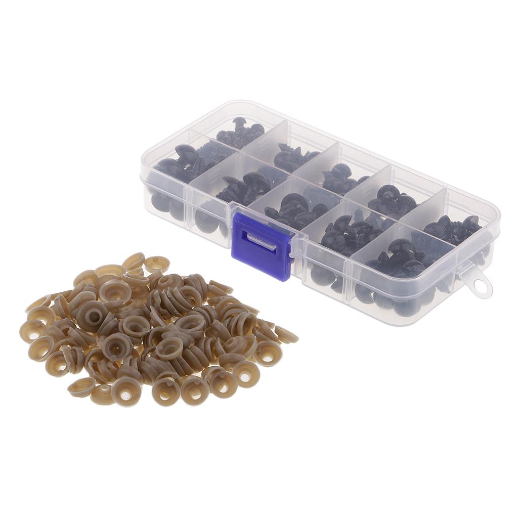 142 stück gemischte größen, 6/8/9/10/12mm schwarze kunststoff-schraubaugen als zubehör für teddybären, puppen, plüschtiere, spielzeug und bastelarbeiten