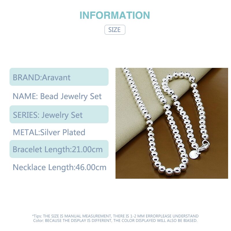 925 Silver Jewelry Set 6MM Bead Necklace Bracelet For Women Costume Jewelry Sets