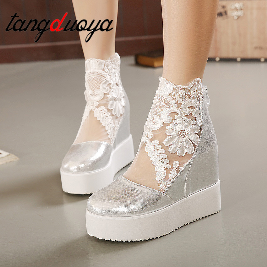 Söta spets romerska skor kvinnor kilklackar vita platform pumps höga klackar zapatos plataforma mujer encaje 34-39