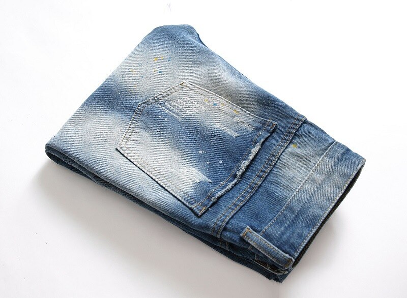 Blue Ripped Jeans Pants Streetwear Splash Ink Men Jeans Straight Slim Fit Casual Hole Jeans Brand Men's Denim Trousers