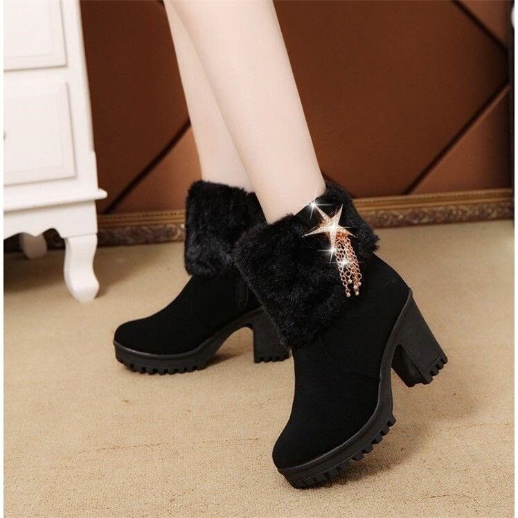 Bont Hoge Hakken Vrouwen Winter Snowboots Warme Hoge hakken Dames Martin Laarzen Rits Rubber vrouwen Winter laarzen: Black / 7