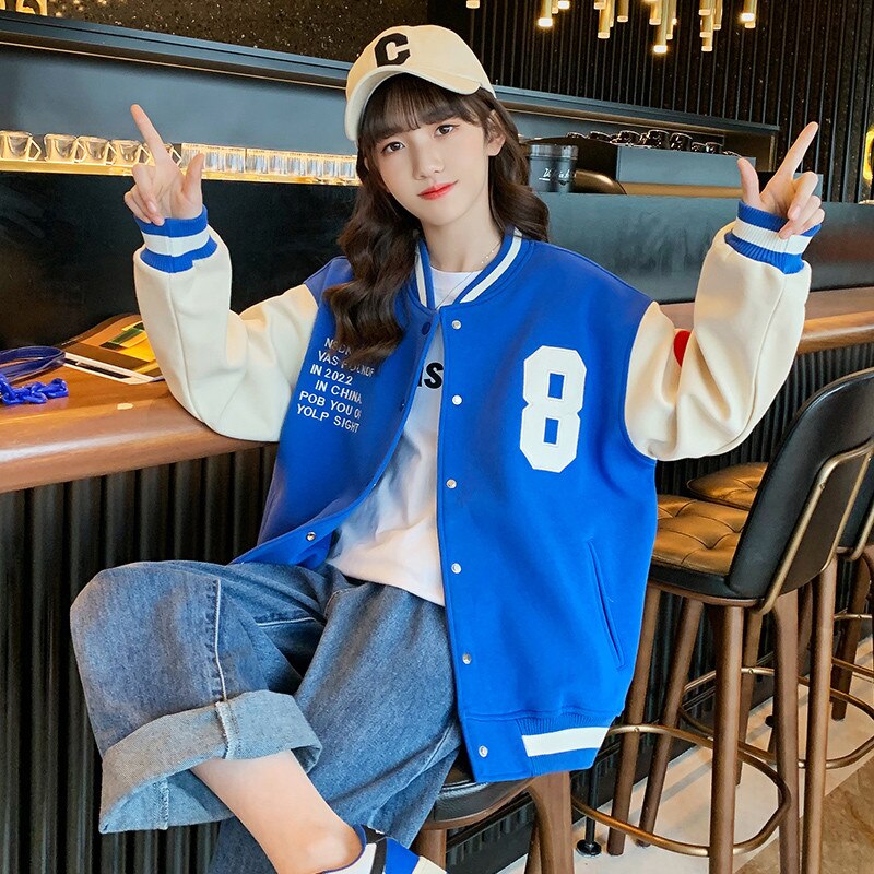 Chaqueta de béisbol con estampado de letras para niñas y adolescentes, chaqueta de béisbol con patrón de corazón, cárdigan grande, prendas de vestir, abrigos, color negro y azul, Primavera