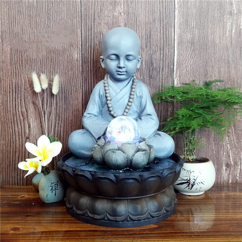 Handgjord zen harts buddha staty meditation munk rinnande vatten ljud vattenfall fontän peaeful skrivbords fontäner luft luftfuktare