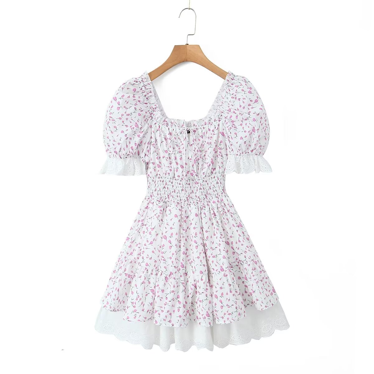 YENKYE Französisch Vintage Floral Print Sexy Off Schulter Kleider Frauen Spitze Patchwork Partei Sommer Kleid Kurze Robe Ziemlich: M / Rosa