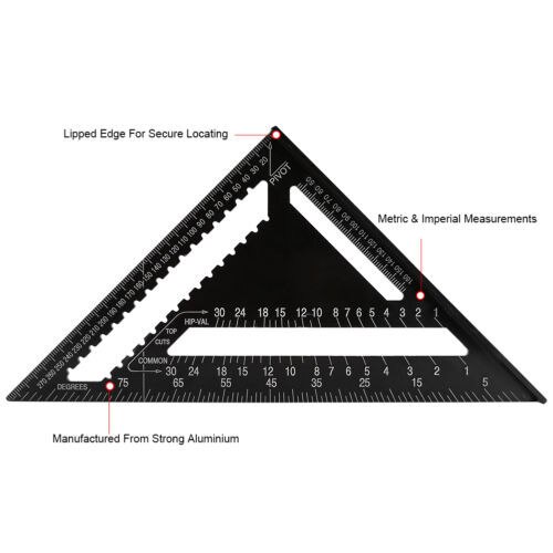 JUSTINLAU 43X30X30cm Angle Ruler 12 inch Metric Aluminum Alloy Triangle Ruler Black Triangular Ruler