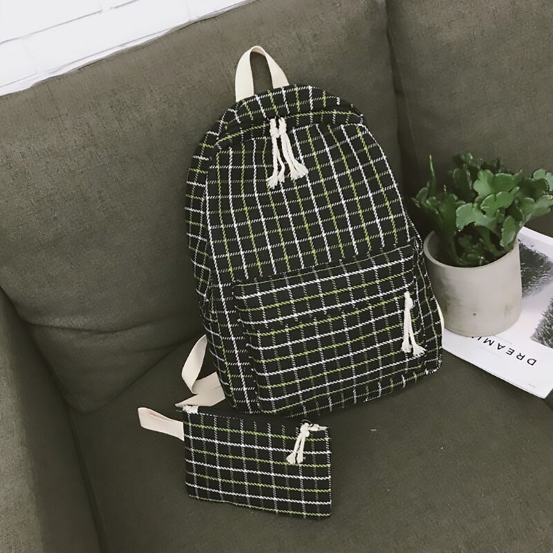 2set Plaid pattern Backpack Canvas Women Shoulder Bag Teenager Girl School Backpack Female Mochilas Bagpack