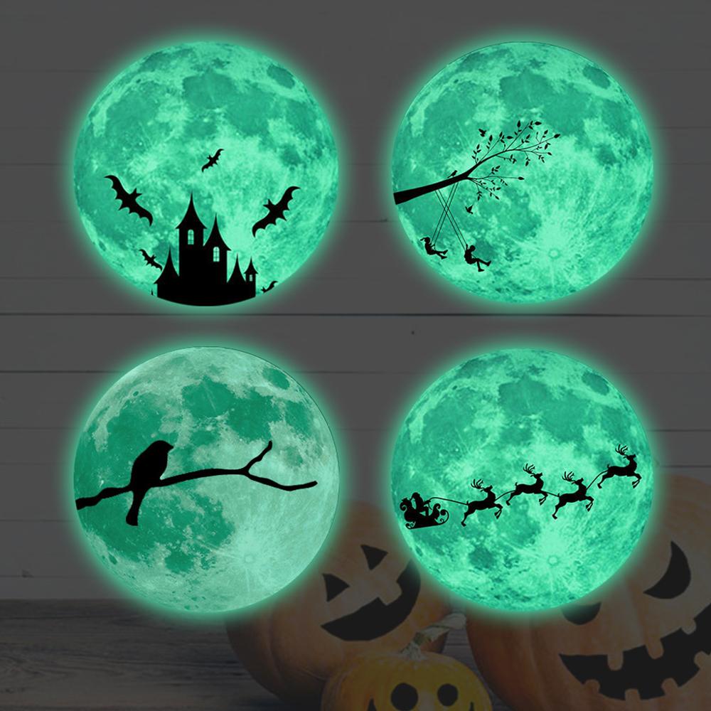 30cm halloween lysende måne klistermærke slot flagermus heks festival væg klistermærke glød i mørkt klistermærke væg klistermærke glad halloween